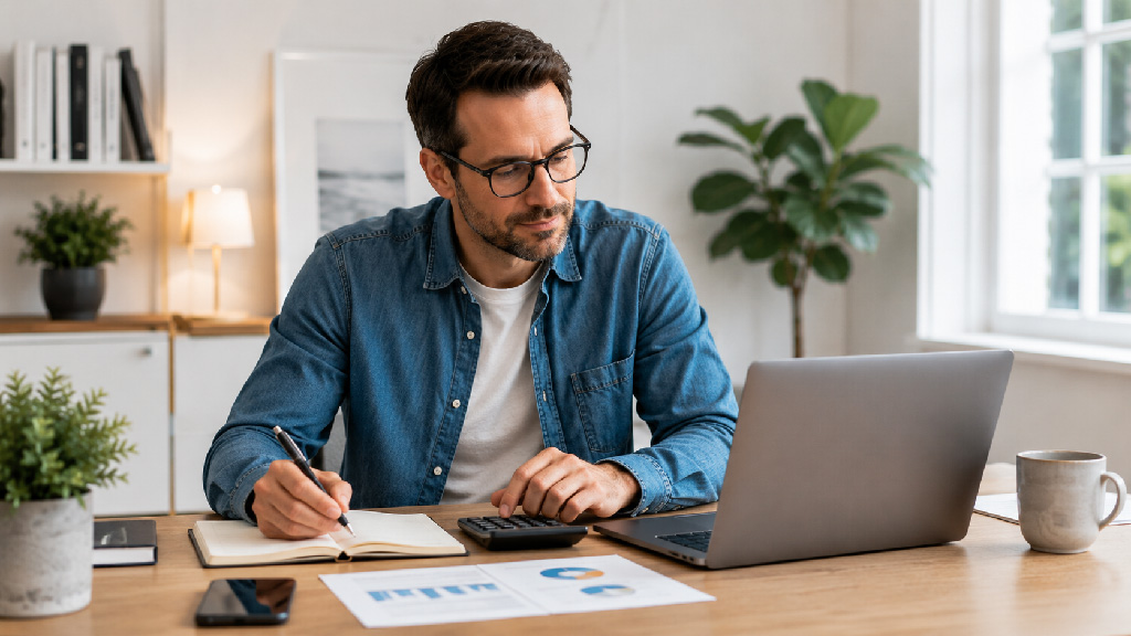 Freelance IT calculant son temps facturable sur ordinateur portable