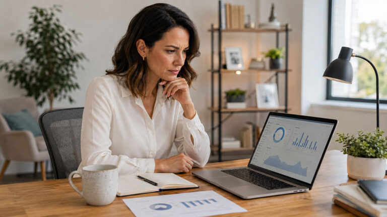 Consultant indépendant analysant son temps de travail perdu sur écran