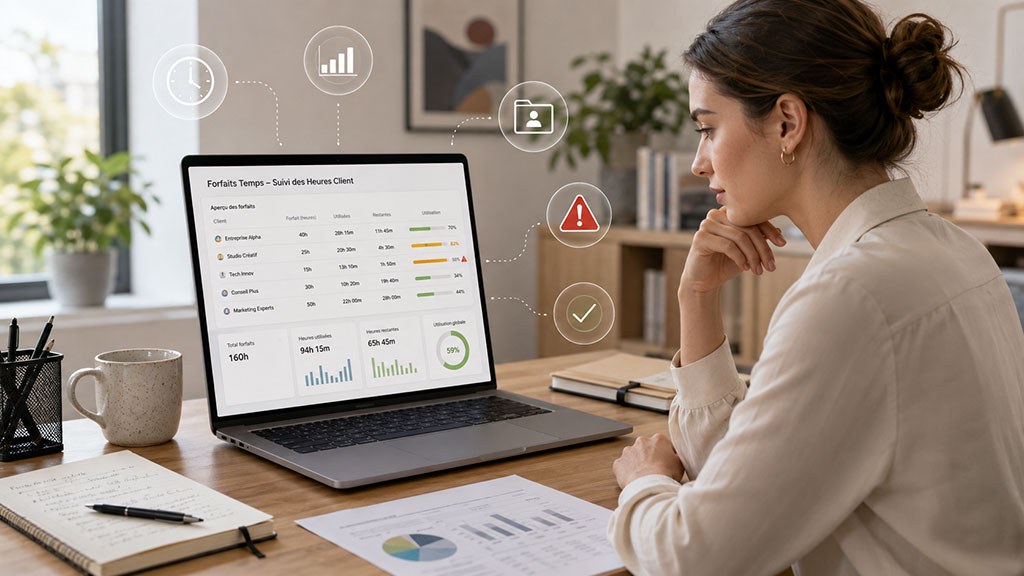 Tableau de bord de gestion des forfaits temps par client sur écran
