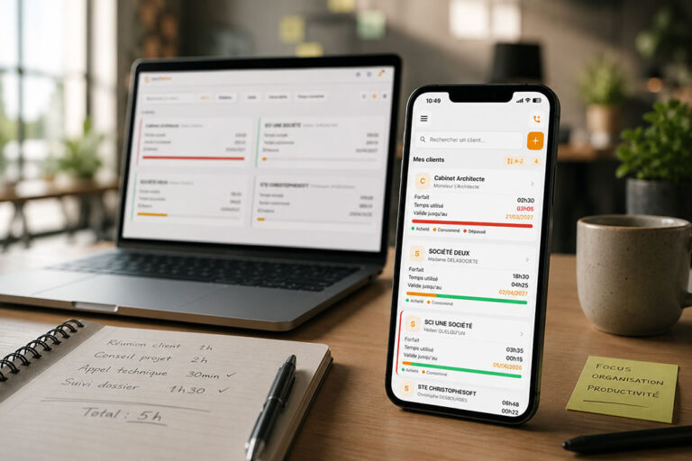 Consultant utilisant une application de gestion du temps sur smartphone