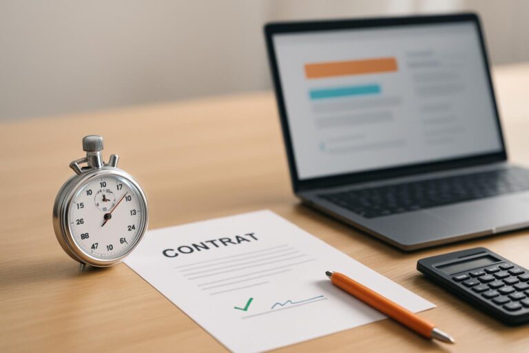 Scène symbolique d'un chronomètre, contrat et calculatrice sur un bureau pour illustrer le contrat forfait temps