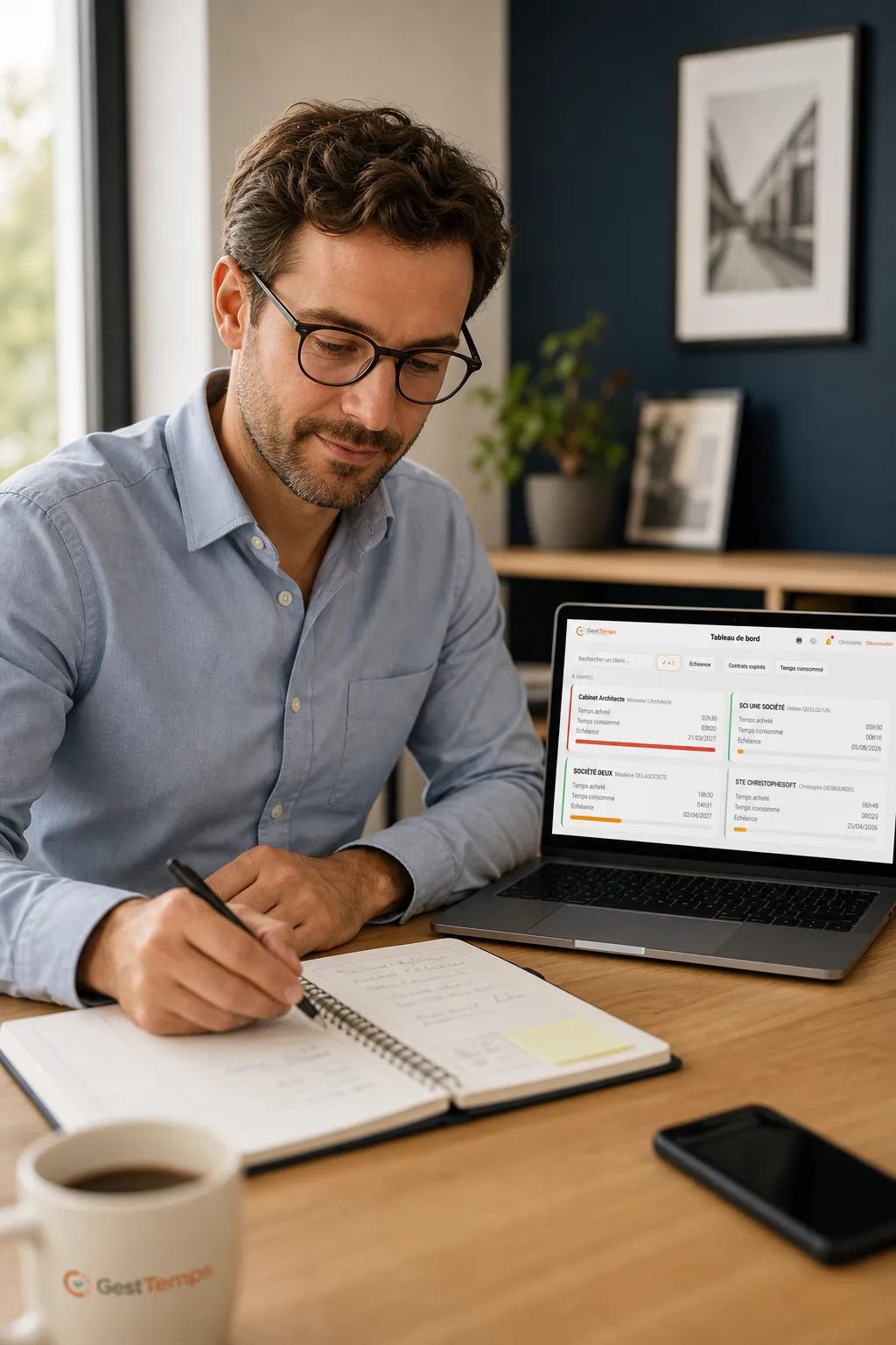 Outil de suivi d'activité freelance avec smartphone et notifications d'appel