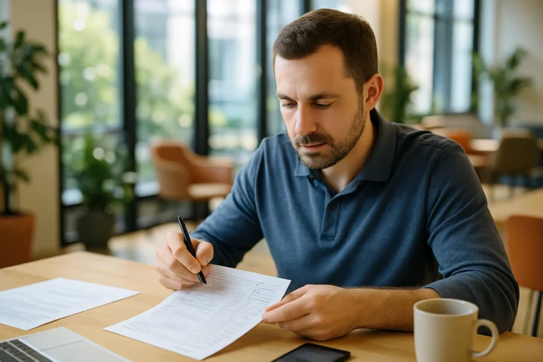 Rapport d'intervention client relu par un homme en coworking lumineux