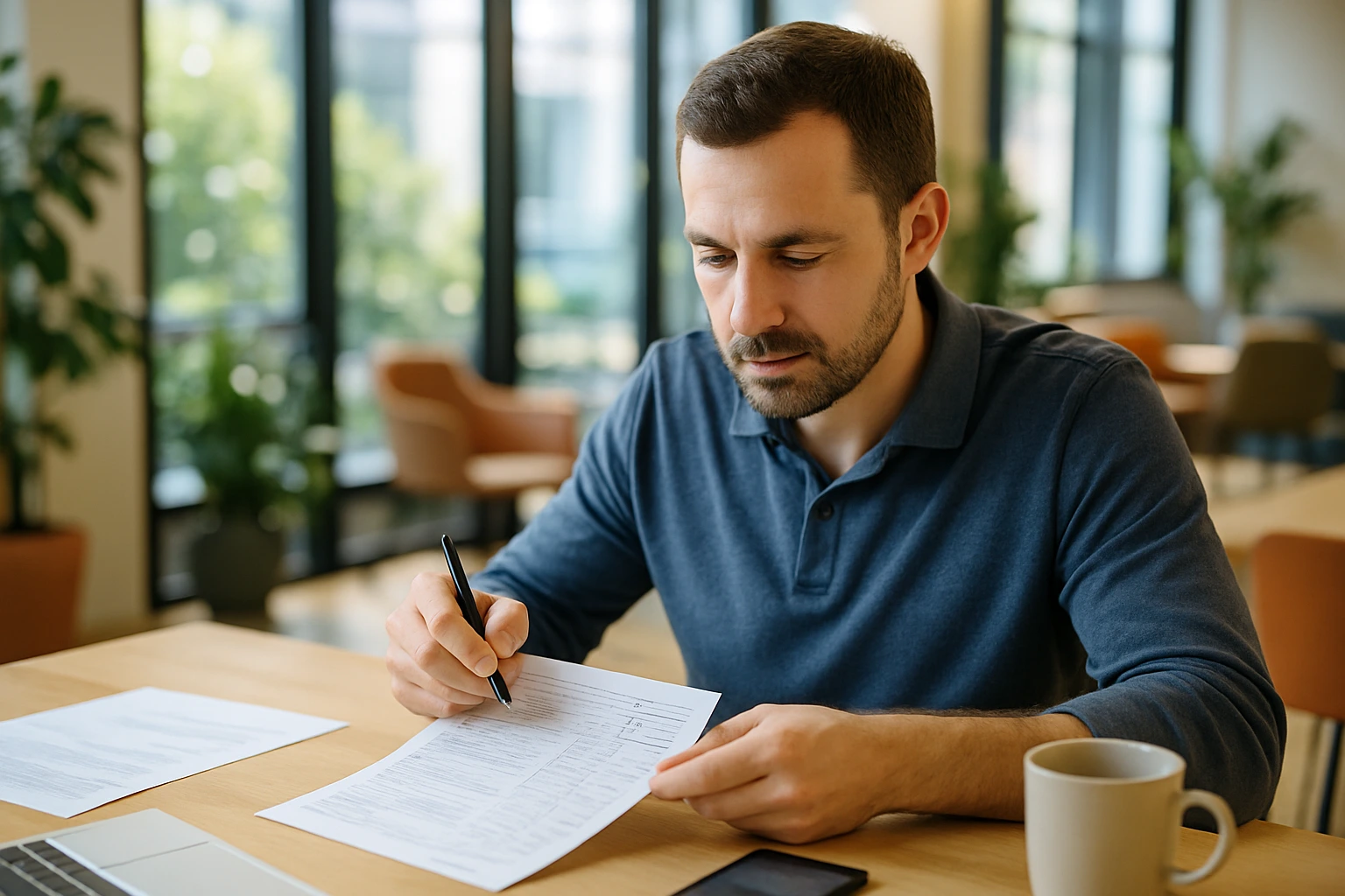 Rapport d'intervention client relu par un homme en coworking lumineux